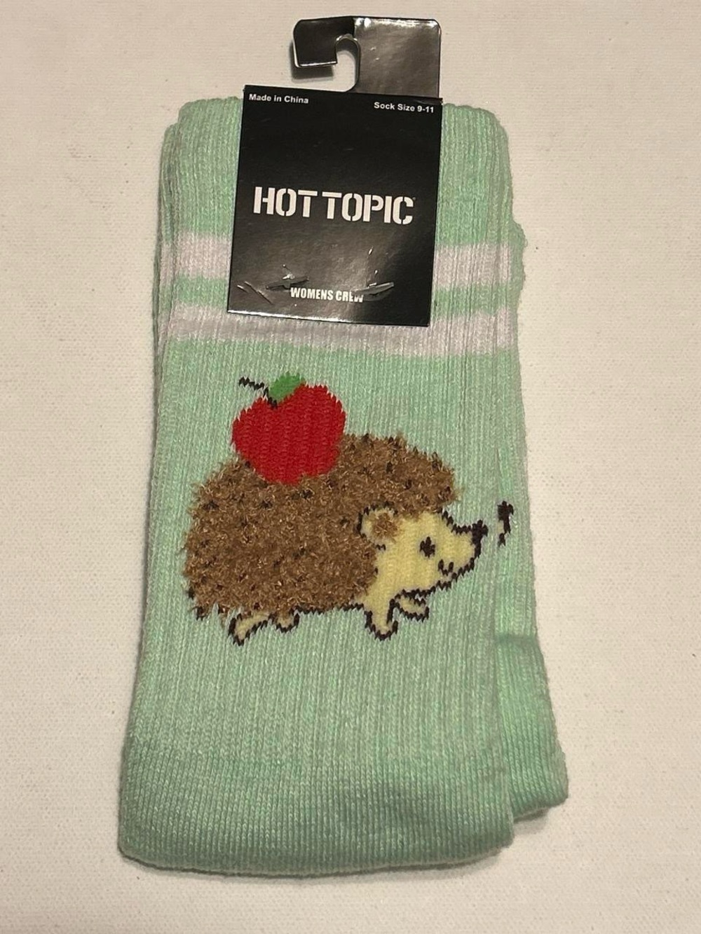 Hot Topic Mint Green Hedgehog Crew Socks with Red Apple